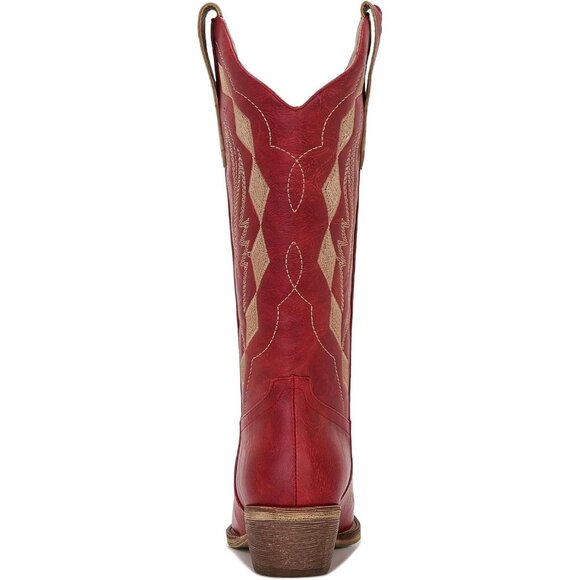 Women’s Faux Leather Mid Calf Red Embroidery Stacked Heel Western Boots - Picture 4 of 7